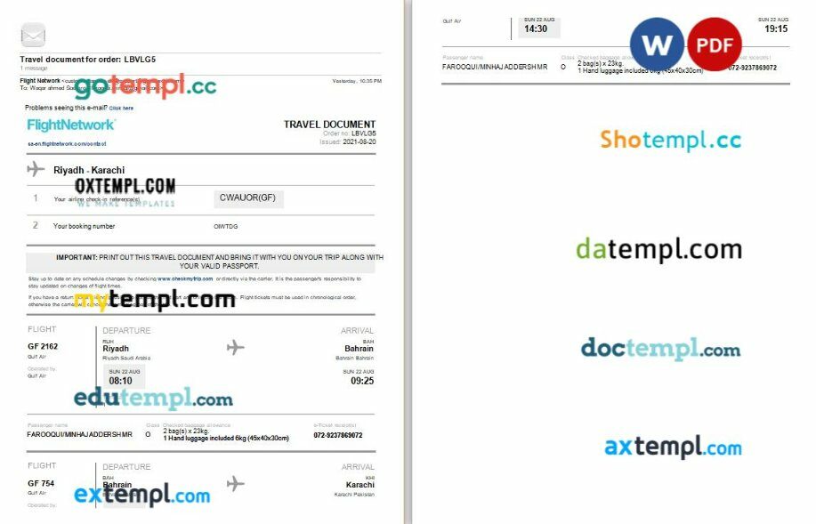 Flight Network – Gulf Air airplane e-ticket, Word and PDF download template, 2 pages