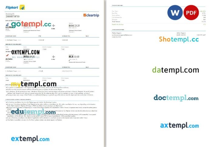 Flipkart, Cleartrip – Go First, Air India airplane e-ticket, Word and PDF download template, 2 pages