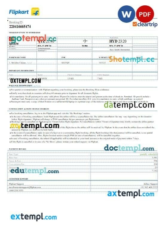 FlixBus bus e-ticket, Word and PDF download template, 2 pages