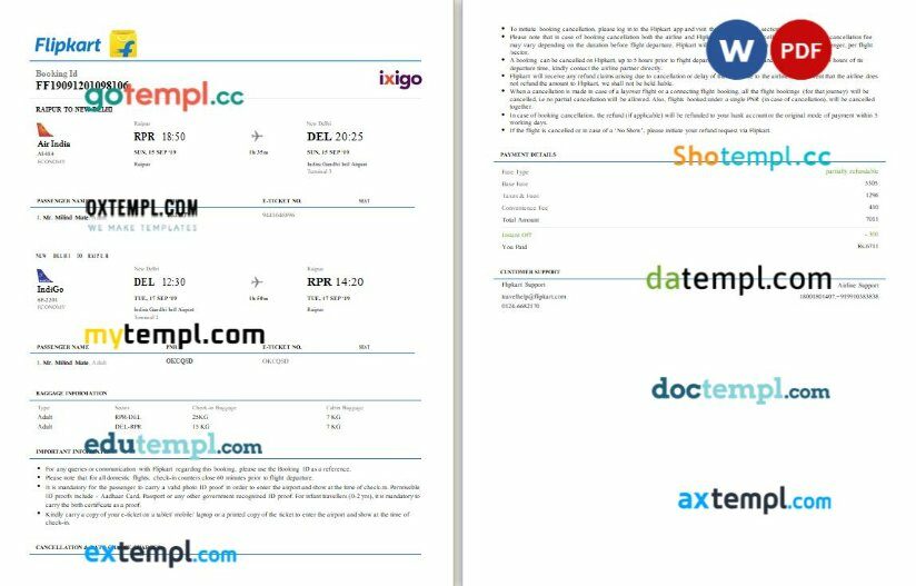 Flipkart + ixigo – Vistara airplane e-ticket, Word and PDF download template, 2 pages