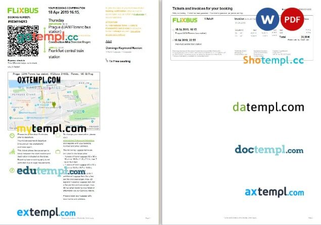 FlixBus bus e-ticket, Word and PDF download template, 2 pages