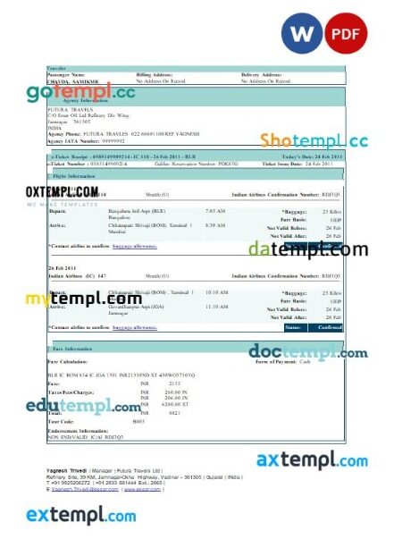 Futura Travels LTD airplane e-ticket, Word and PDF download template