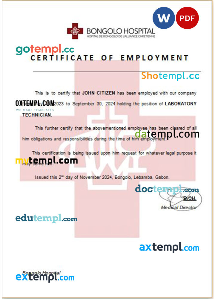 Gabon Bongolo Hospital certificate of employmentt Word and PDF download template