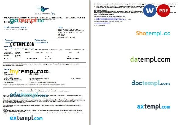 Garuda Indonesia airplane e-ticket, Word and PDF download template, 2 pages