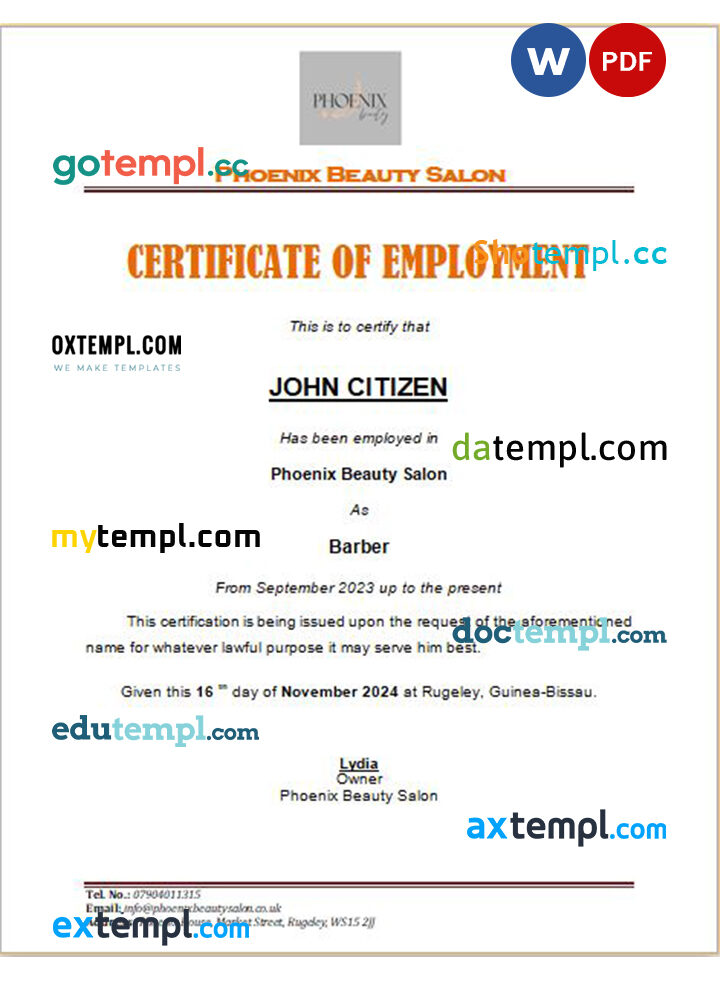 Guinea-Bissau Phoenix Beauty Salon certificate of employment Word and PDF download template