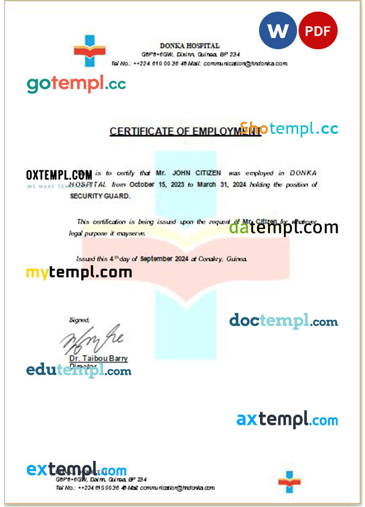 Guinea Donka Hospital certificate of employment Word and PDF download template