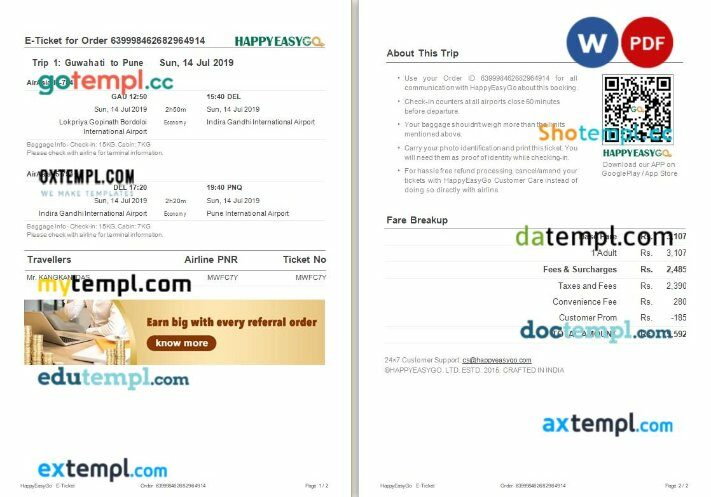 HappyEasyGo – AirAsia airplane e-ticket, Word and PDF download template, 2 pages