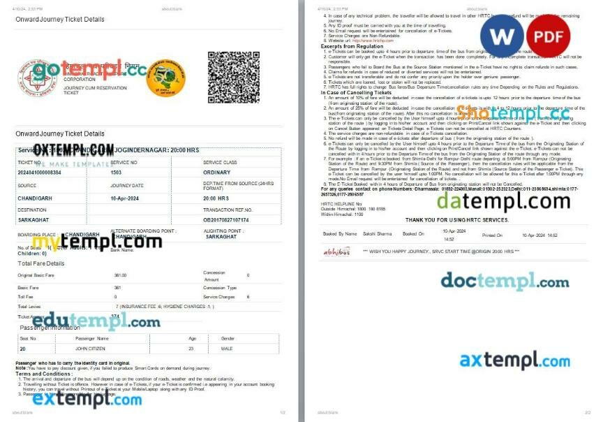 Himachal Road Transport Corporation Journey Cum Reservation ticket, Word and PDF download template, 2 pages