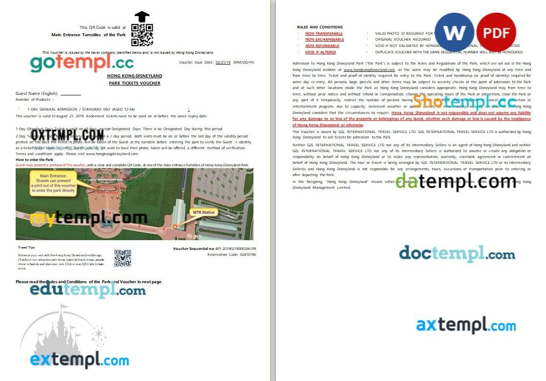 Hong Kong Disneyland Park ticket voucher, Word and PDF download template, 2 pages