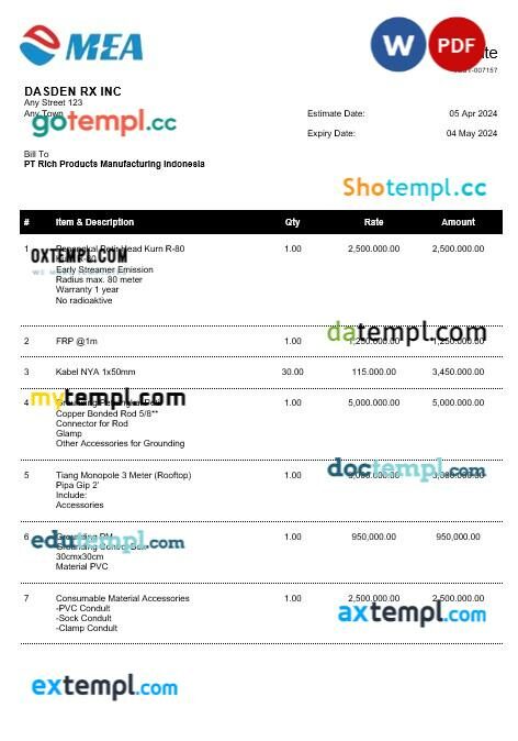 INDONESIA MEA business utility bill Word and PDF template