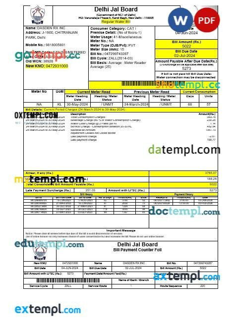 INIDA DELHI JAL BOARD business utility bill Word and PDF template