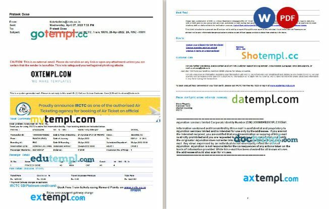 IRCTC train e-ticket, Word and PDF download template, 2 pages