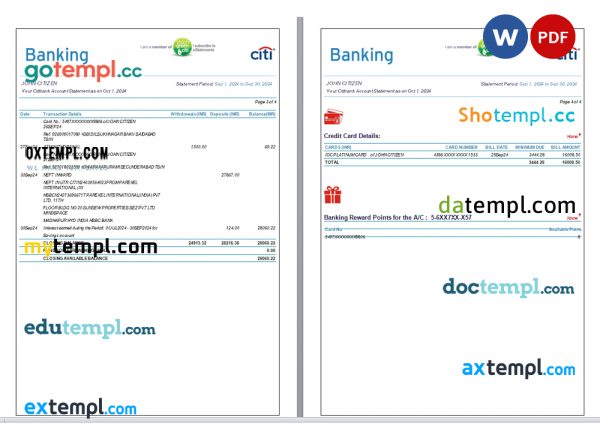 India Citibank bank statement Word and PDF template, 6 pages