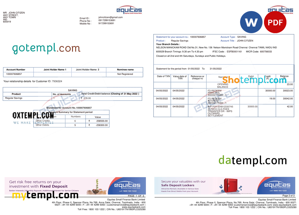 Indian Equitas bank statement 3 – 6 months Word and PDF example, 3 pages