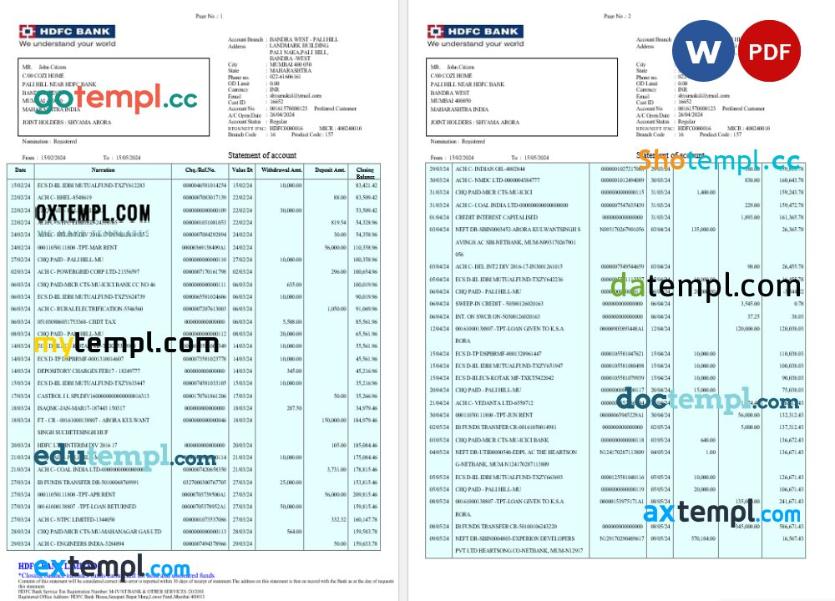 India Kulwant Arora Bank statement Word and PDF template, 3 pages