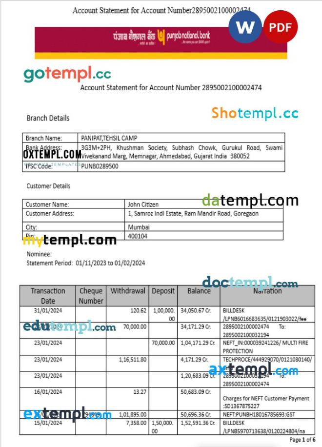 India Punjab National bank statement Word and PDF template, 6 pages