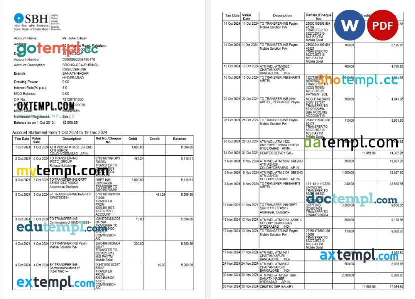 India SBH bank statement Word and PDF template,3 pages