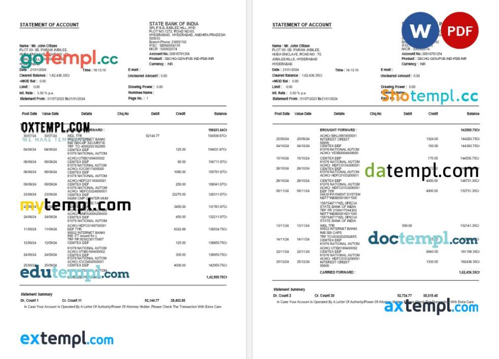 India State bank statement Word and PDF template, 3 pages