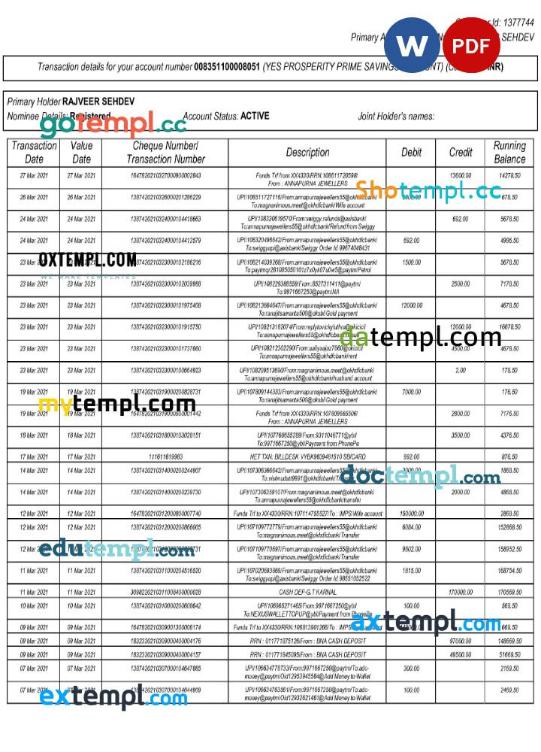 Indian Yes Bank statement Word and PDF example, 2 pages