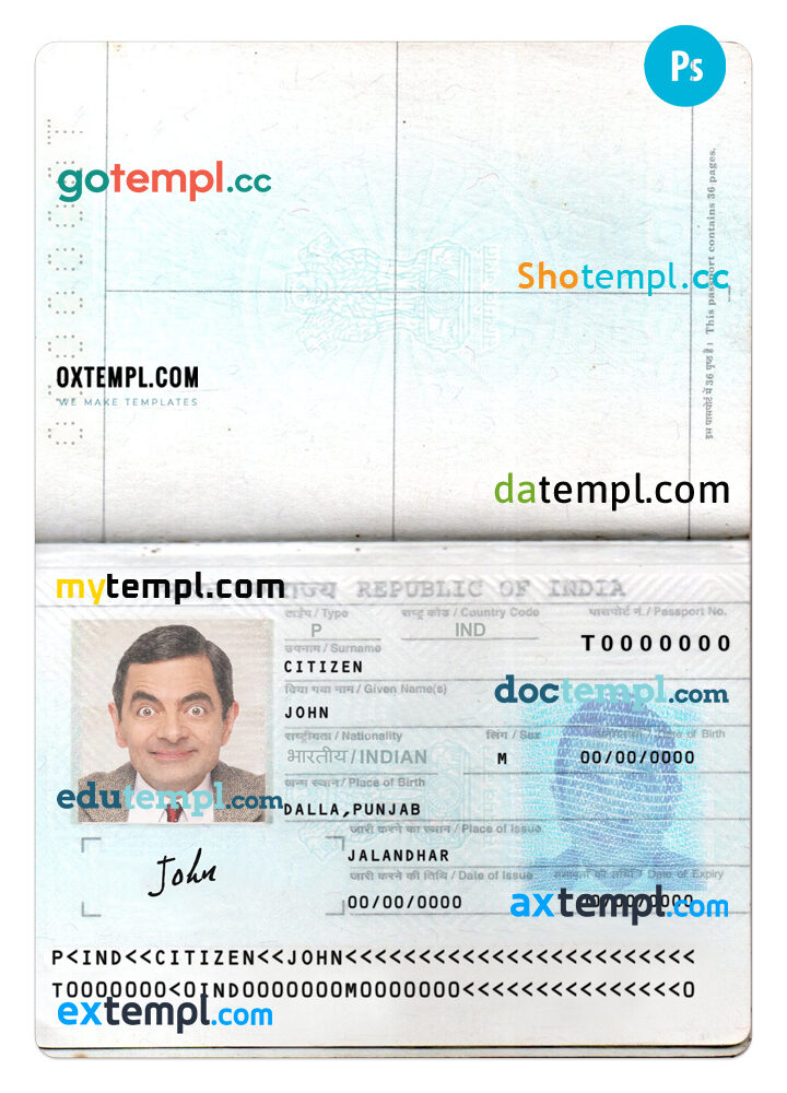 India passport template in PSD format, 2 pages