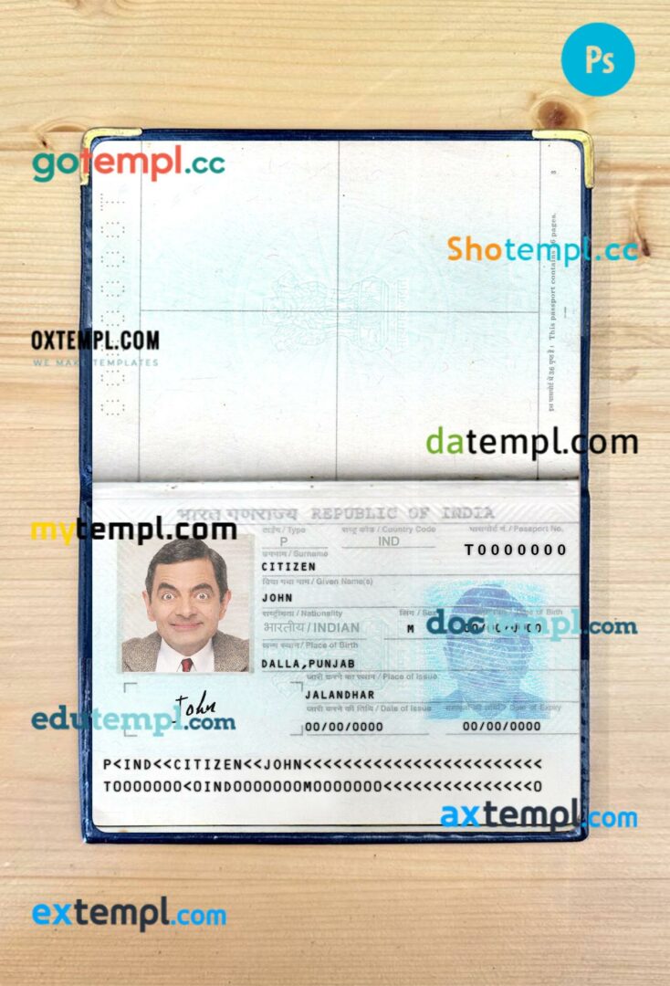 India passport editable PSD files, scan and photo look templates, 2 in 1, 2 pages