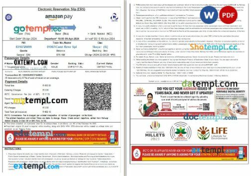 Indian Railways, Amazon Pay, IRCTC train e-ticket, Word and PDF download template, 3 pages