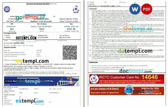 Indian Railways, IRCTC train e-ticket, Word and PDF download template, 3 pages