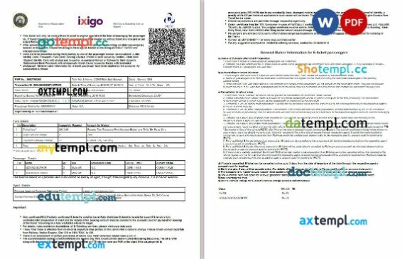 Indian Railways, Ixigo, IRCTC train e-ticket, Word and PDF download template, 2 pages, version 2