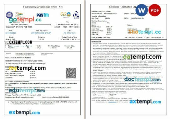 Indian Railways, Peytm, IRCTC train e-ticket, Word and PDF download template, 2 pages