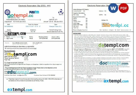 Indian Railways, Peytm, IRCTC train e-ticket, Word and PDF download template, 2 pages, version 2