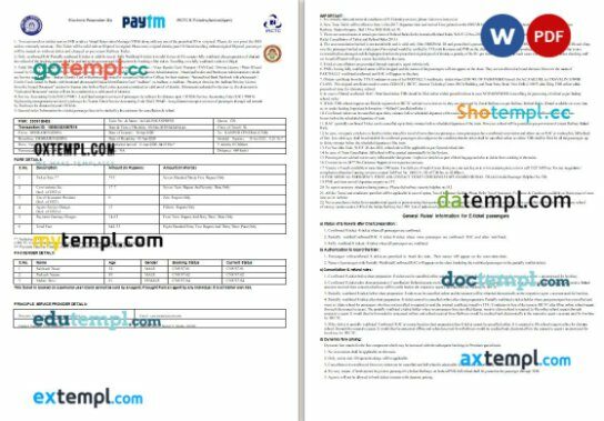 Indian Railways, Peytm, IRCTC train e-ticket, Word and PDF download template, 2 pages, version 3