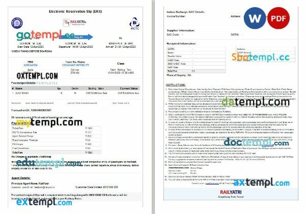 Indian Railways, RailYatri, IRCTC train e-ticket, Word and PDF download template, 2 pages