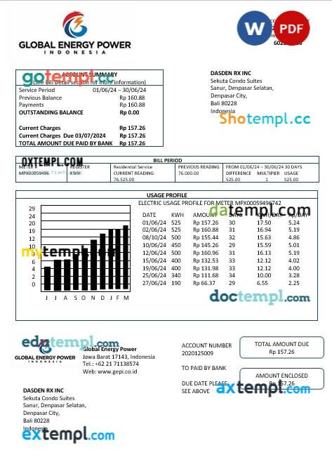 Indonesia Global Energy Power business utility bill template in Word and PDF formats