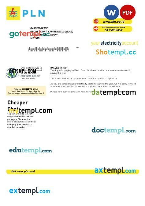 Indonesia PLN electricity business utility bill template in Word and PDF formats