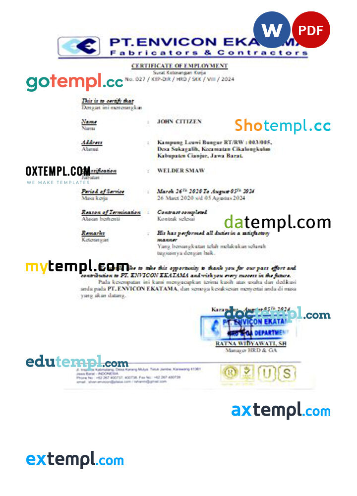 Singapore Olam International Limited certificate of employment Word and PDF download template