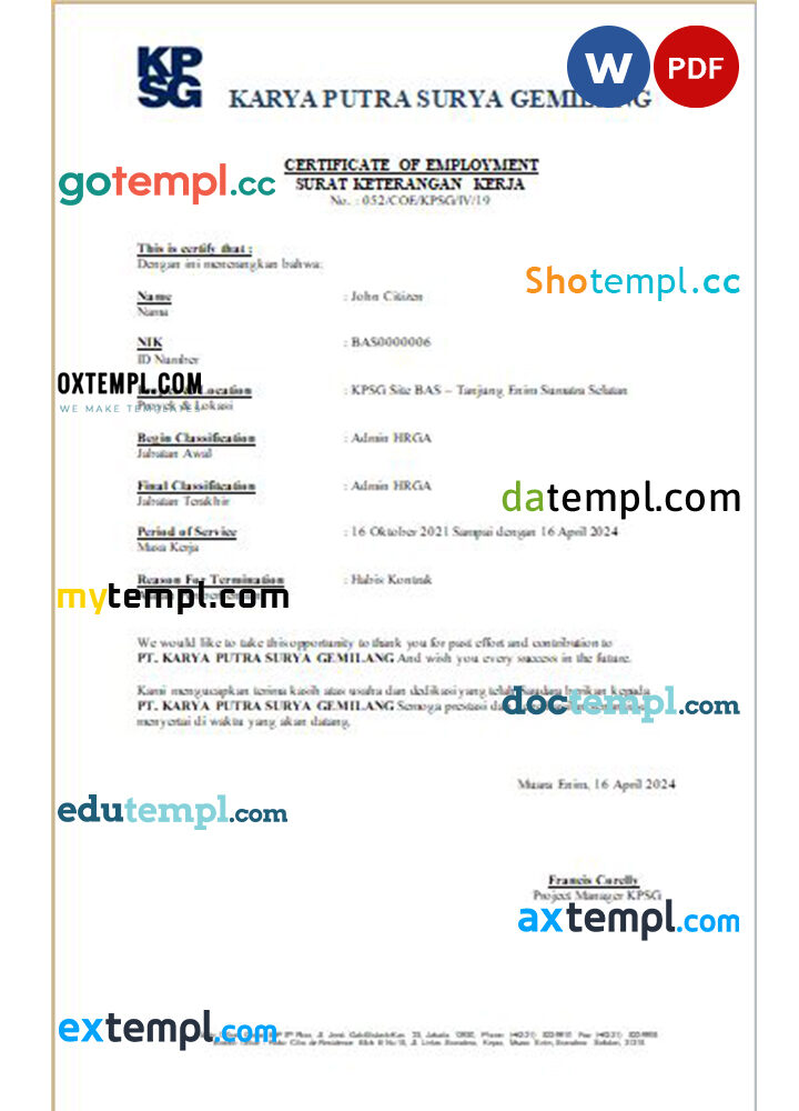 Indonesia PT Karya Putra Surya Gemilang certificate of employment Word and PDF download template