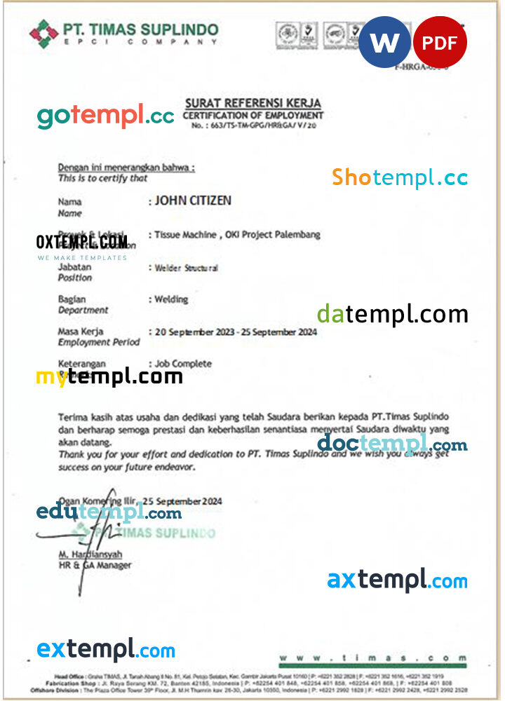 Indonesia PT Timas Suplindo certificate of employment Word and PDF download template