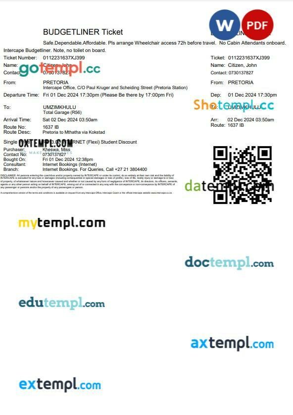 Alsa bus e-ticket, Word and PDF download template, 2 pages