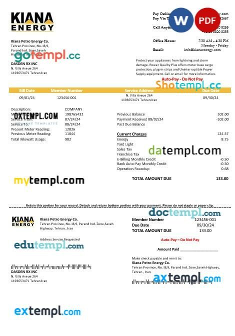 Iran Kiana Petro Energy Co business utility bill template in Word and PDF formats