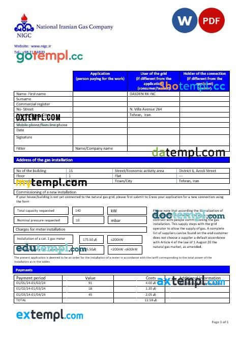 Iran National Iranian Gas Company gas business utility bill template in Word and PDF formats