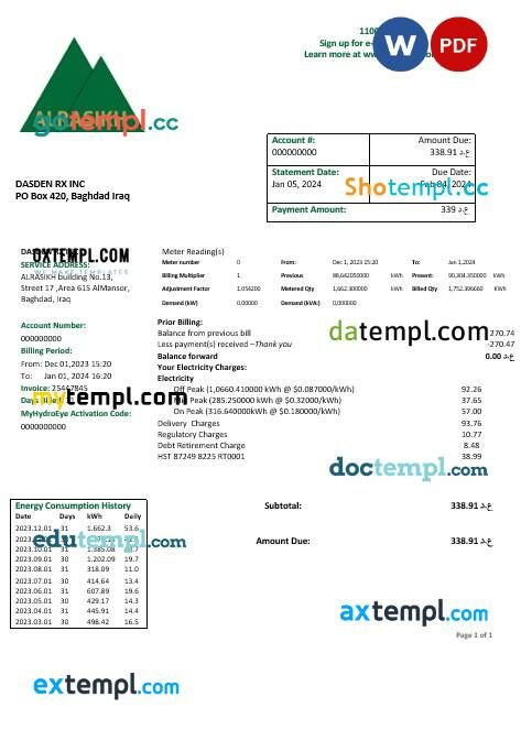 Iraq AlRasikh electricity business utility bill template in Word and PDF formats