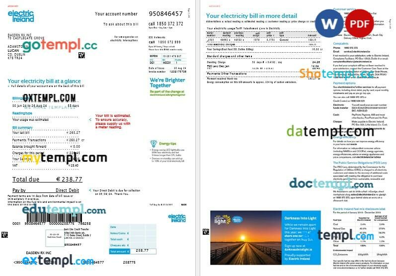 Ireland Electric Ireland business utility bill template in Word and PDF formats, 2 pages