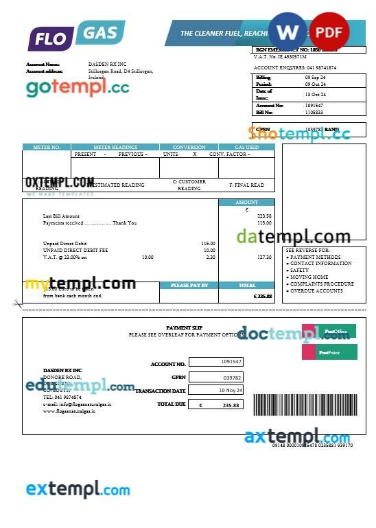 Ireland Flogas Natural Gas business utility bill template in Word and PDF formats