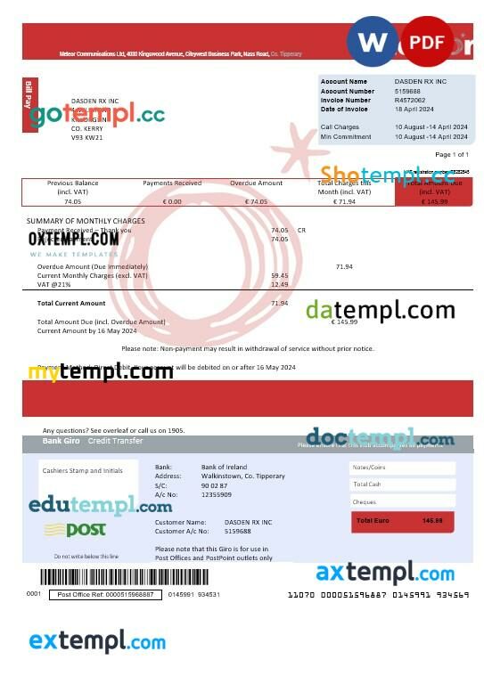 Ireland Meteor business utility bill template fully editable in PSD formats