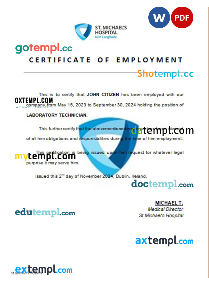 Ireland St. Michael’s Hospital certificate of employment Word and PDF download template