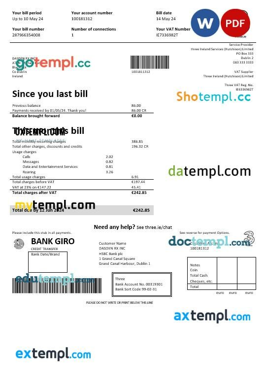 Ireland Three.ie business utility bill template in Word and PDF formats