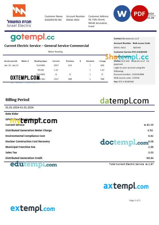 Israel Electric Corporation business utility bill template in Word and PDF formats