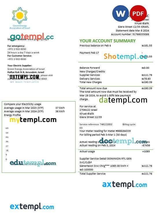 Israel Green Energy Association of Israel business utility bill template in Word and PDF formats