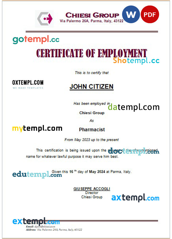 Italy Chiesi Group certificate of employment Word and PDF download template