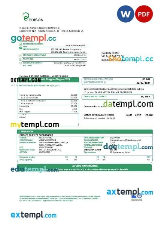 Italy Edison business utility bill template in Word and PDF formats, good for address prove